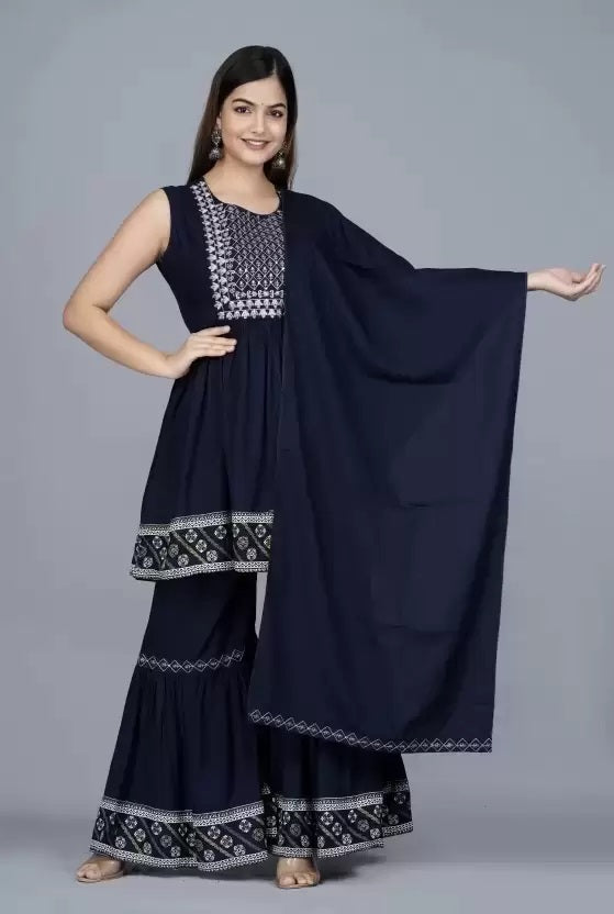 Rayon Blue Kurta Sharara Dupatta Set