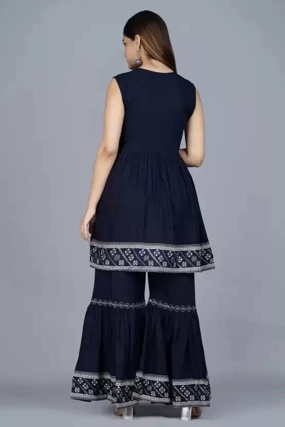 Rayon Blue Kurta Sharara Dupatta Set