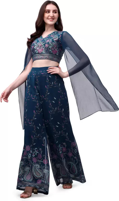 Floral Georgette Cape Sleeve Crop Top with Pants