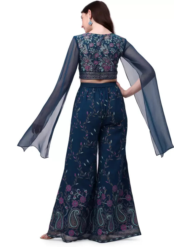 Floral Georgette Cape Sleeve Crop Top with Pants