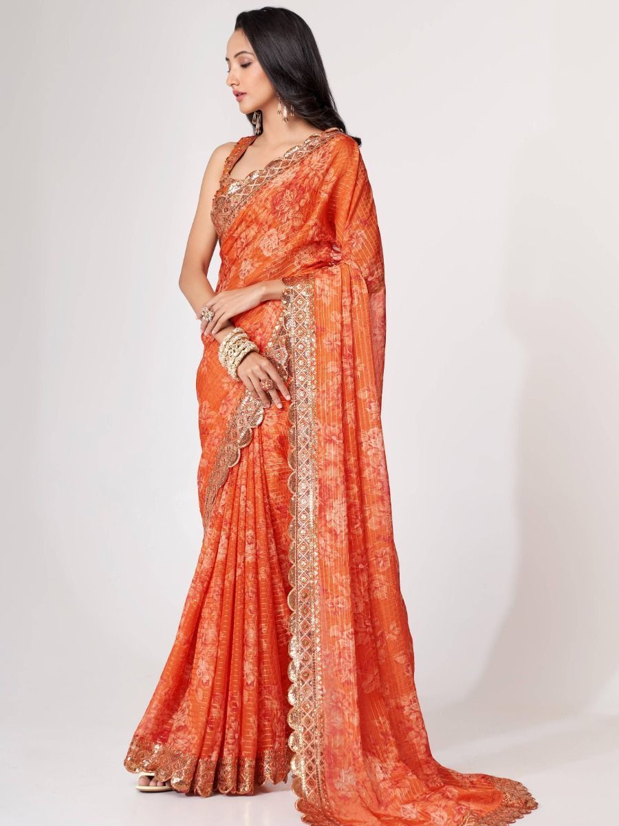 Georgette Orange Saree with Swarovski Border